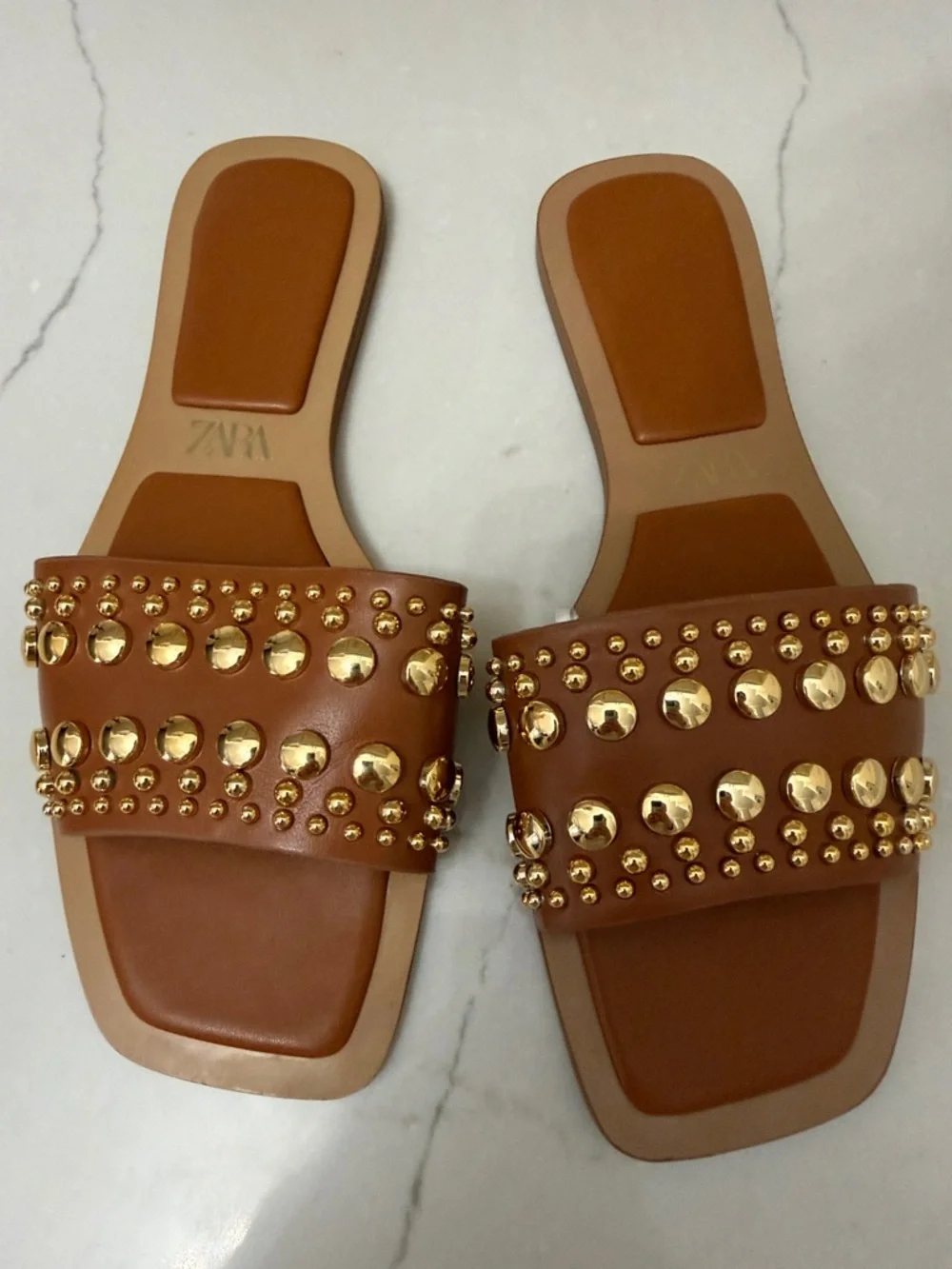 Zara Tan/Brown Leather Slide Sandals with Gold Studs - Picture 2 of 4